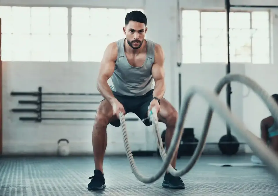 رجل يؤدي تمارين المقاومة باستخدام حبال المعركة في صالة جيمنيشن، يركز على القوة، التحمل، وتدريب الجسم بالكامل.